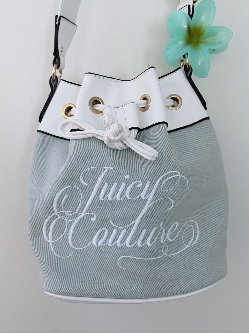 Juicy Couture Mint Green and White Drawstring Bucket Bag